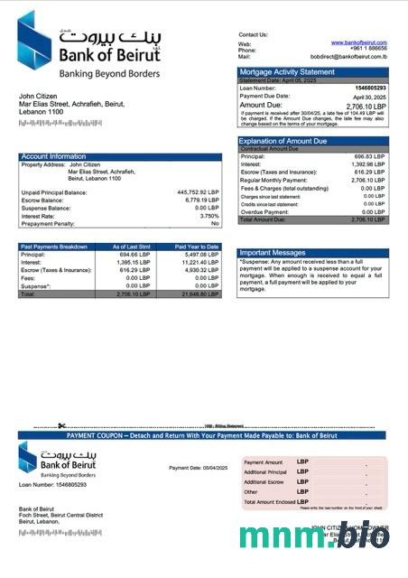 Liban Bank of Beirut wyciąg z kredytu hipotecznego szablon Word i PDF